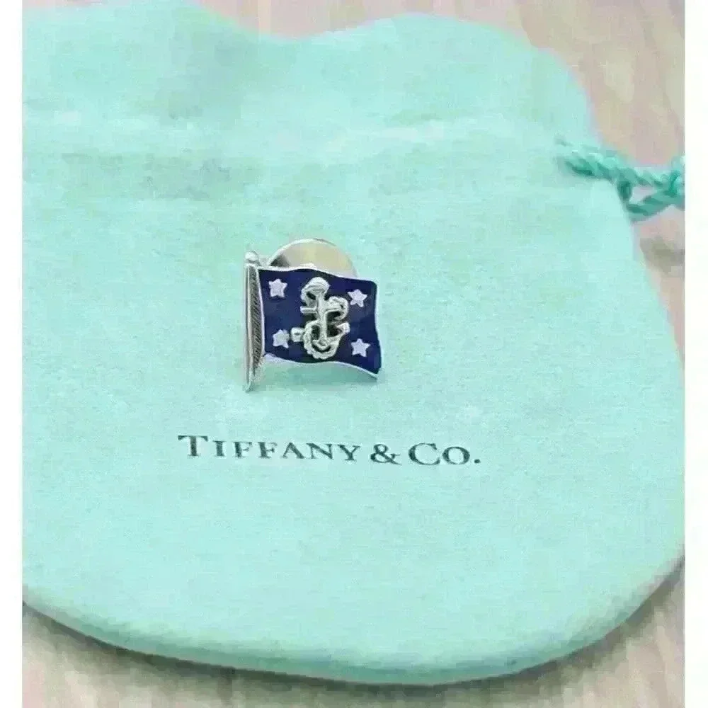 Tiffany & Co Vintage 14kt White Gold Navy Flag Lapel Pin - Picture 2 of 10